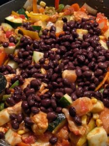 no salt added black beans, no salt added tomatoes, zucchini, sweet peppers, onion, jalapenos, chicken