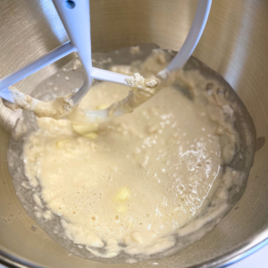 With the paddle attachment on mixer mix the flour butter and yeast together