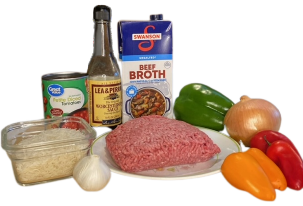 ingredients for ground beef and rice recipe, Jasmine Rice, ground beef, onion, green pepper, sweet peppers, diced tomatoes, beef broth, garlic and worcestershire sauce