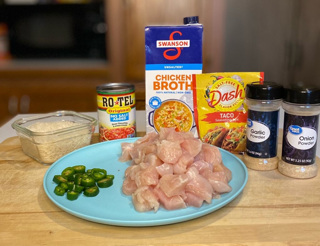 unsalted chicken broth, Mrs. Dash Taco Seasoning, No Salt Added Rotel, Jasmine Rice, Onion Powder, Garlic Powder, Chicken Breast, Jalapenos,